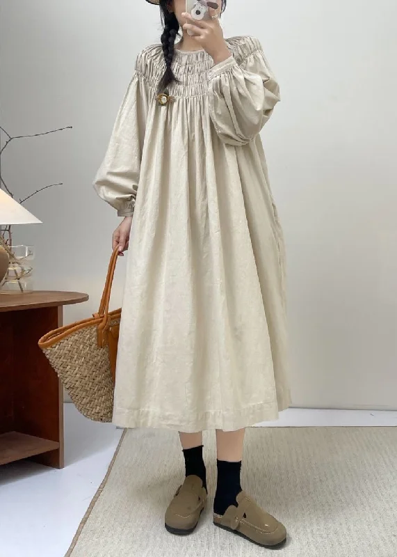 Exclusive Sale Beige Solid Cotton Dresses Lace Up Long Sleeve