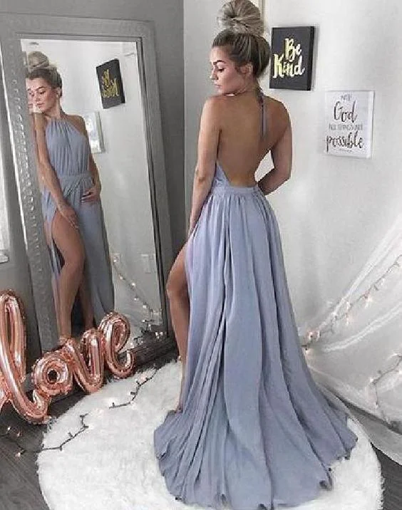 Big Savings On Minimalist Office Styles Backless Blue Halter Neck Long Prom Dress,Discount Simple Prom Gown   cg14602