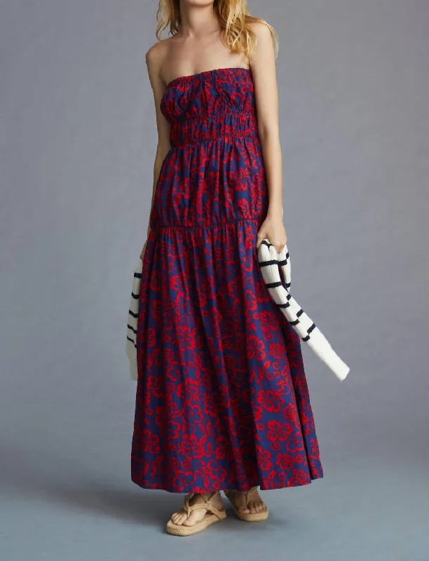 Beat The Heat In Tropical Styles Floral Strapless Maxi Dress In Navy/red Floral