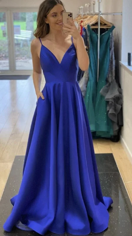 Flash Sale A-line V Neck Royal Blue Satin Evening Dress Graduation Dress Y433