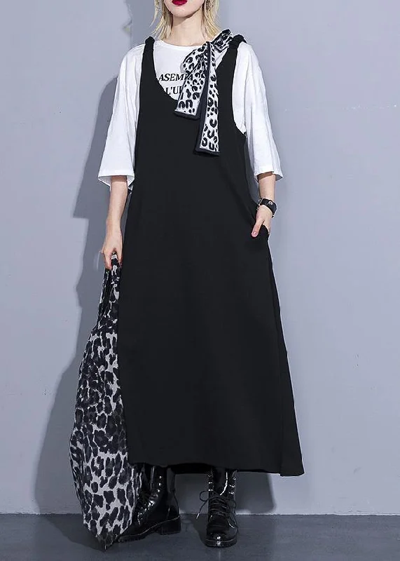 Disco - Inspired Retro Dance Look French black cotton Wardrobes sleeveless long summer Dresses