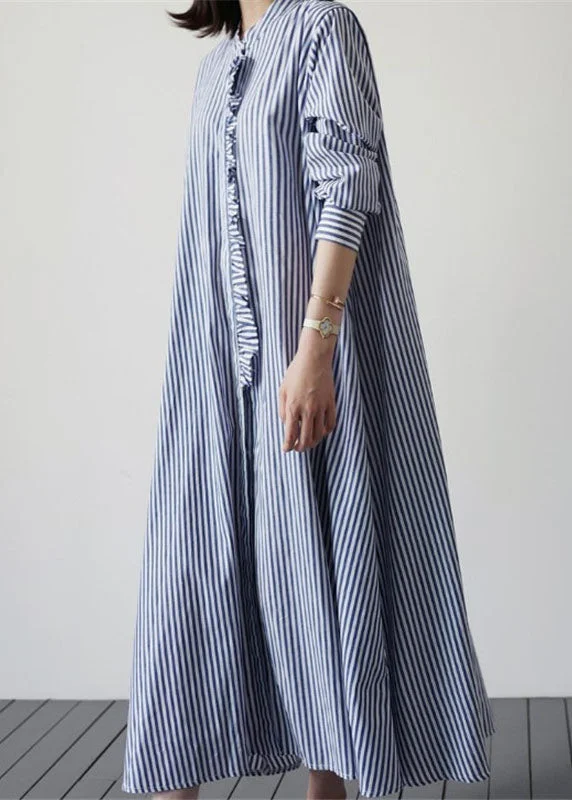 Limited - Edition Drops Blue Patchwork Cotton Dresses Ruffled Striped Long Sleeve