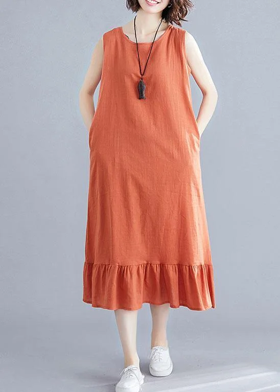 Latest Fashion French orange linen cotton quilting clothes o neck sleeveless Love summer Dress