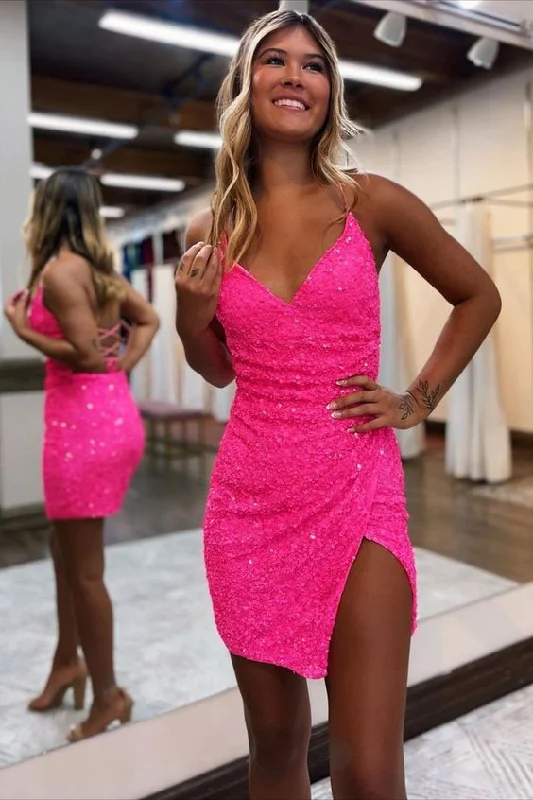 Budget-Friendly Fashion Hot Pink Pleated Sequined Bodycon Hoco Dress     S2600