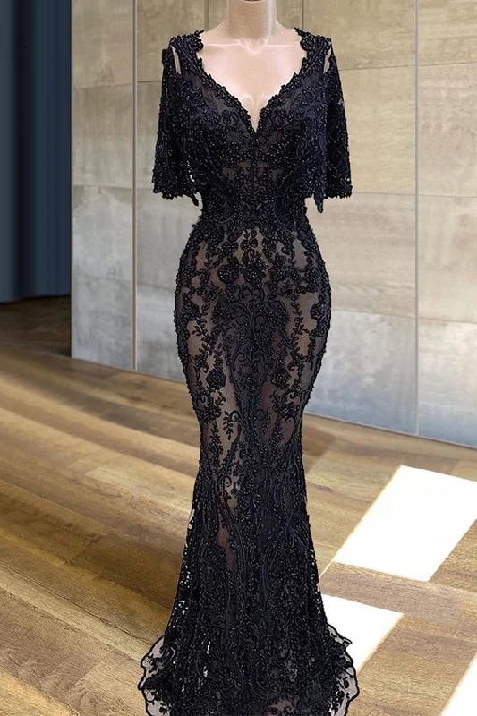 Best-Sellers black beaded evening dresses long mermaid short sleeve v neck elegant modest luxury formal evening gown Prom Dress         cg23266