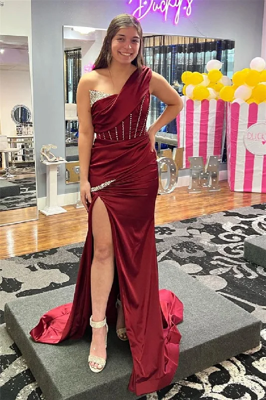 Seasonal Sale Burgundy One Shoulder Boning Beaded Satin Long Prom Dress with Slit Y5720