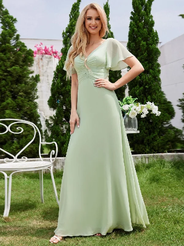 Limited Quantities Chiffon Pleated Wholesale Bridesmaid Dress with Ruffle Short Sleeves