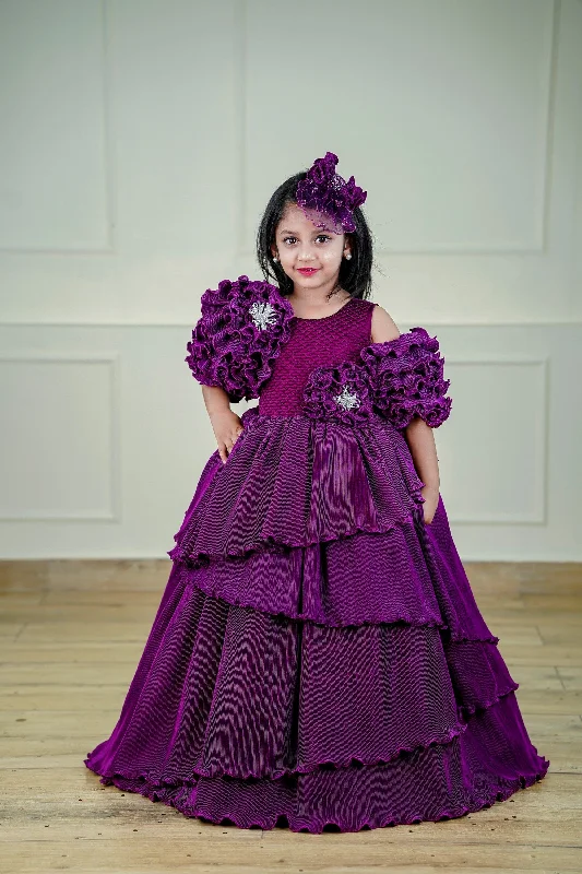 Latest Trends Pre-Order: Plum Purple Asymmetrical Layered Gown In Pleated Texture Fabric