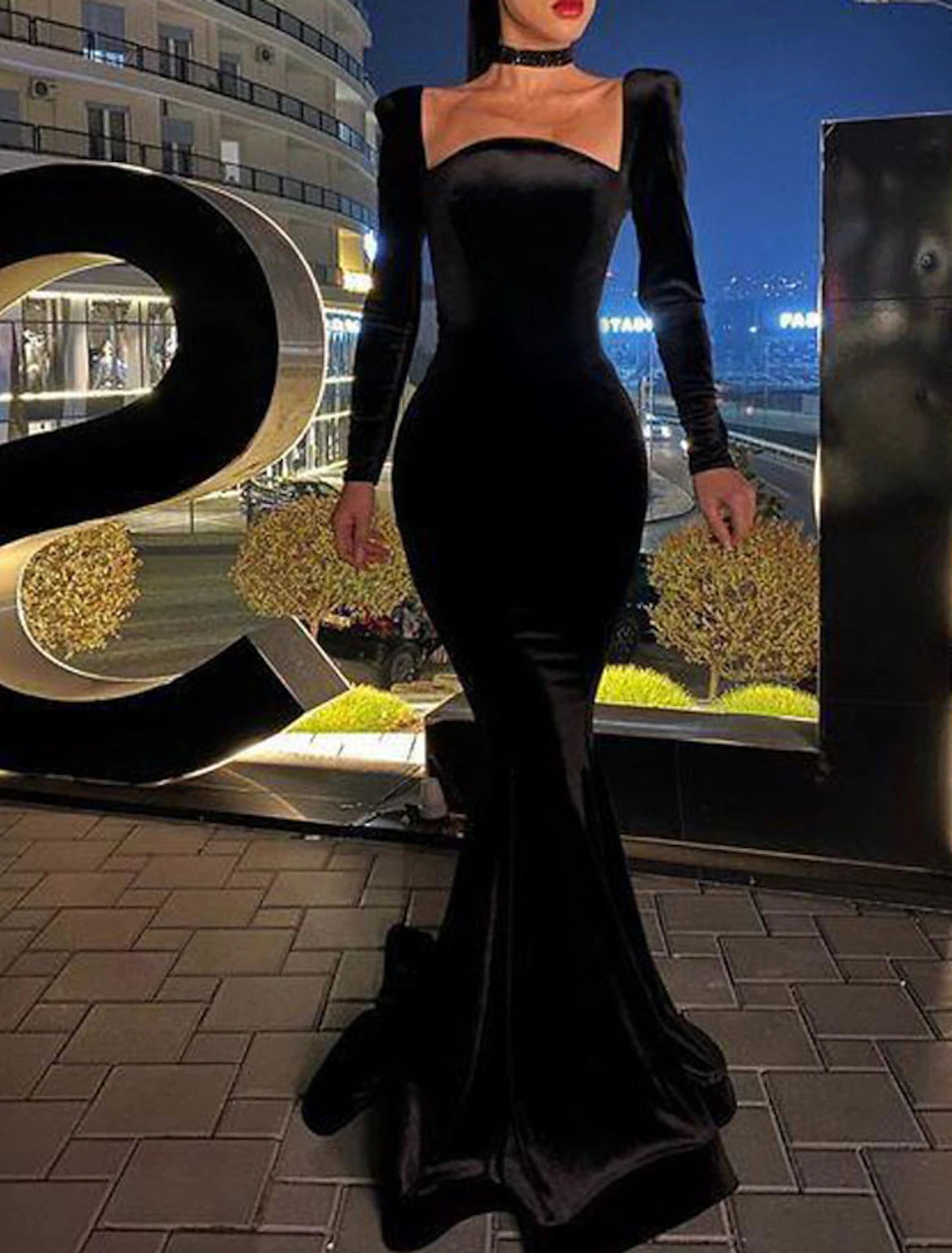 Wardrobe Update Mermaid / Trumpet Sexy bodycon Wedding Guest Formal Evening Dress Square Neck Long Sleeve Floor Length Velvet with Sleek Pure Color