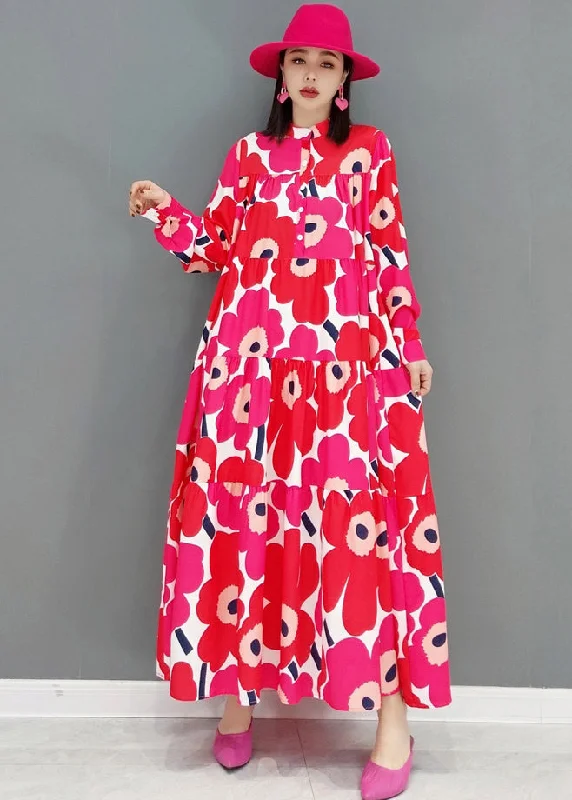 Huge Savings On Parisian Styles Plus Size Red Stand Collar Print Patchwork Wrinkled Cotton Long Dress Long Sleeve