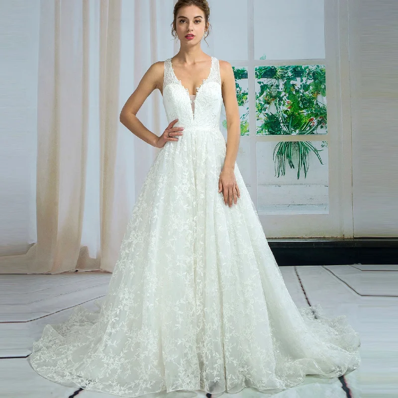 Seasonal Fashion Plunging Deep V Tank Lace A-line Bridal Wedding Dress High Back