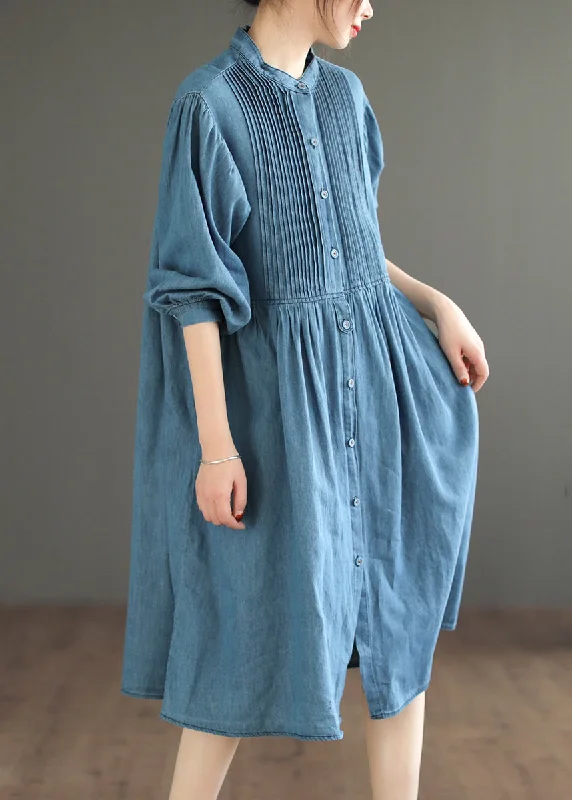 Summer Splash Sale Light Blue Wrinkled Patchwork Denim O-Neck Dress Long Sleeve