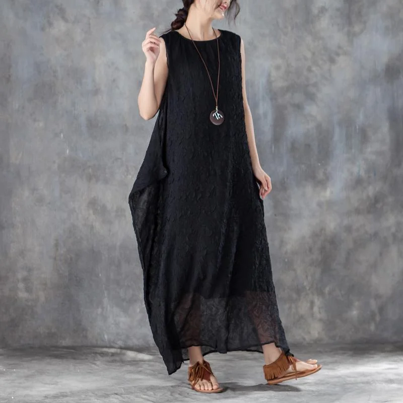 Last Chance Sale brief long cotton dresses oversized Round Neck Sleeveless Summer Black Long Dress