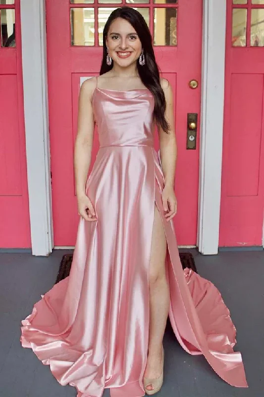 Clearance Event Simple Pink Satin Long Prom Dress with High Slit, Long Pink Formal Graduation Evening Dress Y212