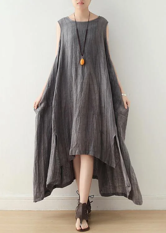 Limited Styles Fitted Sleeveless Linen Grey Side Open Summer Dress