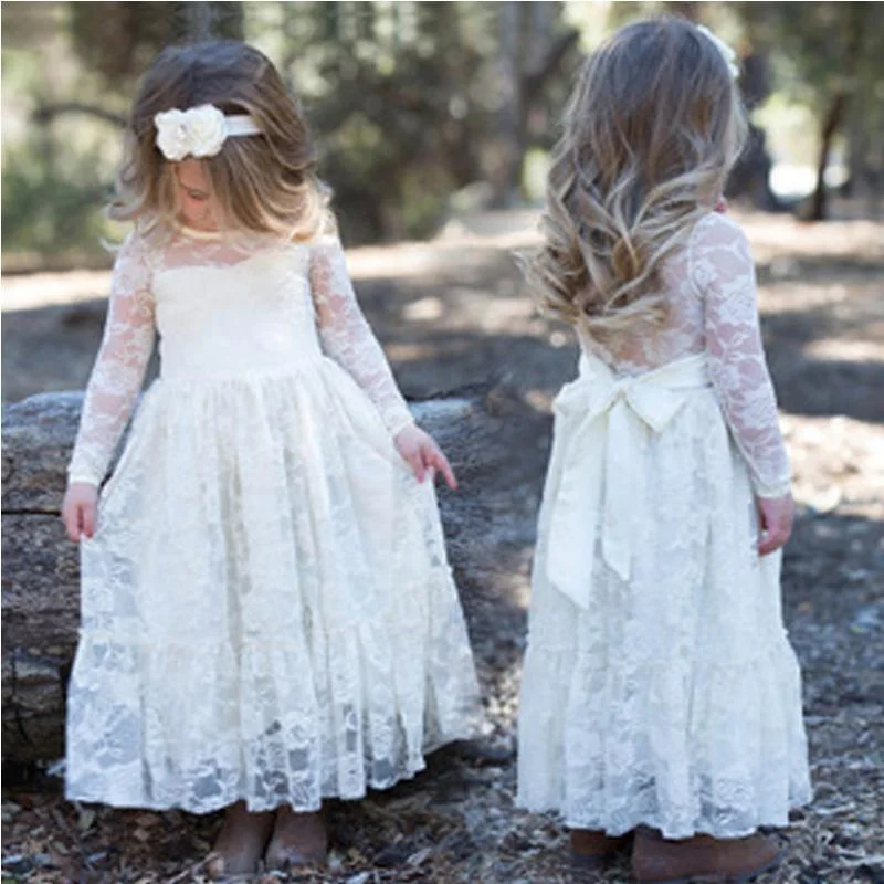 Trendy Styles Long Sleeve See Through Cute Ivory Lace Flower Girl Dresses, Junior Bridesmaid Dresses, FG047