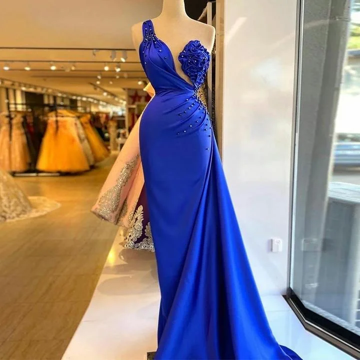 Limited - Stock Royal Blue Mermaid Evening Dresses One Shoulder Ruched Prom Gowns    cg22404