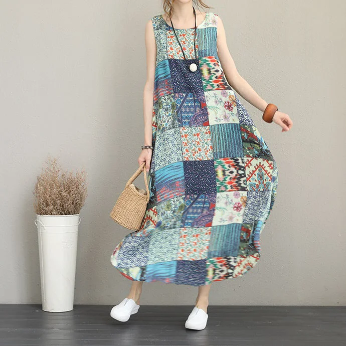 Spring Fling Sale baggy patchwork prints linen dresses Loose fitting sleeveless traveling clothing casual big hem linen caftans