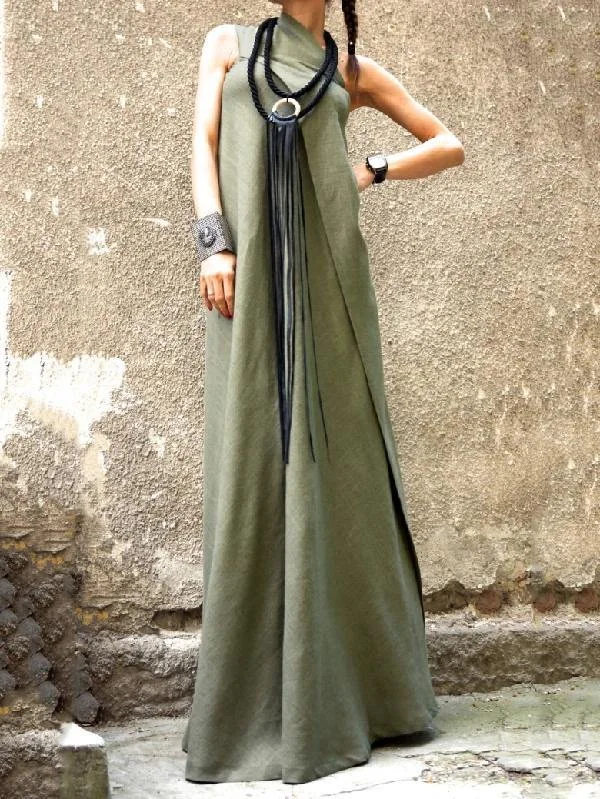 Special Offer Style Sleeveless Patchwork Linen Outfit Photography Army Green Dress