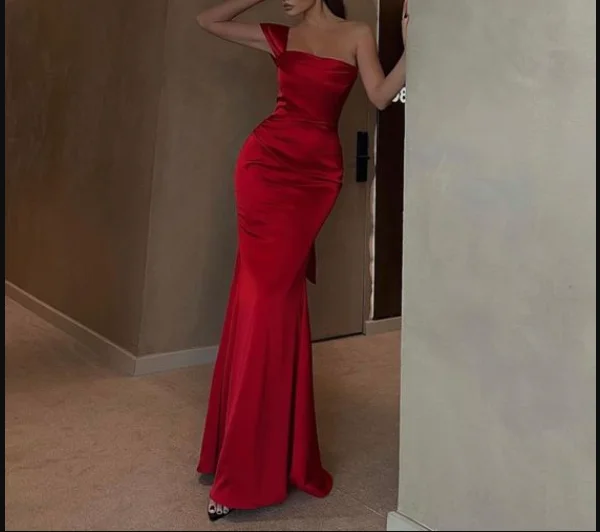 Wardrobe Refresh Elegant Red Satin One Shoulder Evening Dress,Sexy Red Evening Gown  Y4063