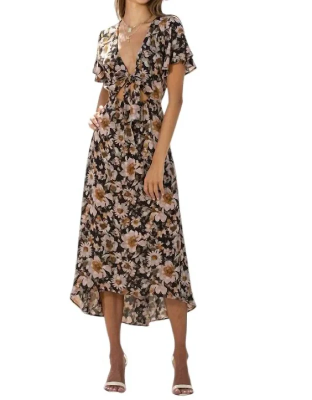 Early Access To Art Deco Styles Sale The Sweet To Me Print Tie Front Midi Dress In Black Floral