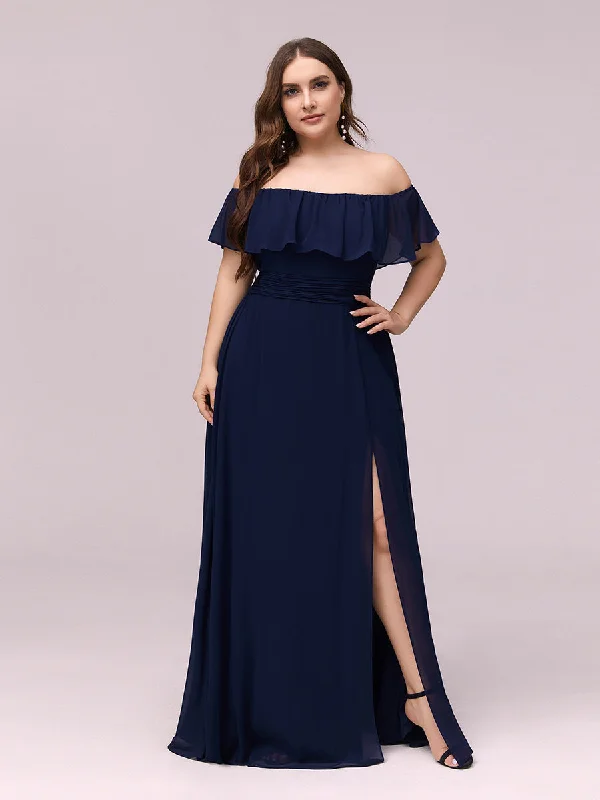 Score Big On Glamorous Red - Carpet Styles Women's Plus Size Ruffle Thigh Split Wholesale Bridesmaid Dresses