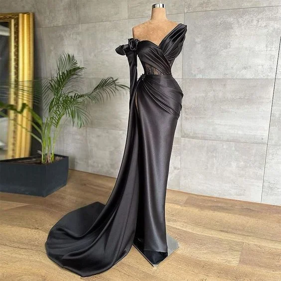 Spring Fashion Black Satin Prom Dress Pleated Evening Gowns Dubai Party Dress Y664