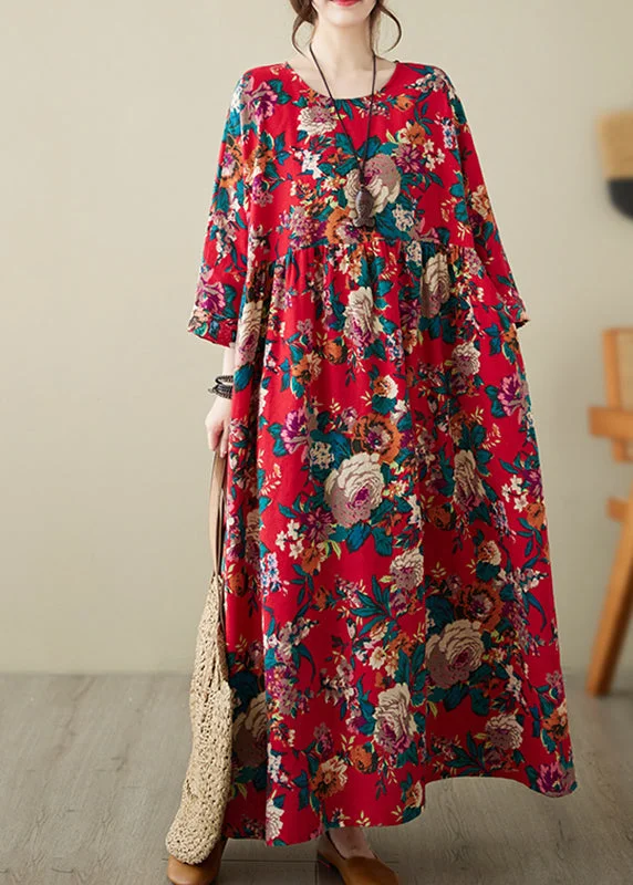 Lighten Up With Nordic Styles Plus Size Red O-Neck Print Patchwork Long Dress Long Sleeve