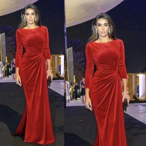 Special Offer Red prom dresses long sleeve pleats mermaid velvet evening dresses gowns   cg14266