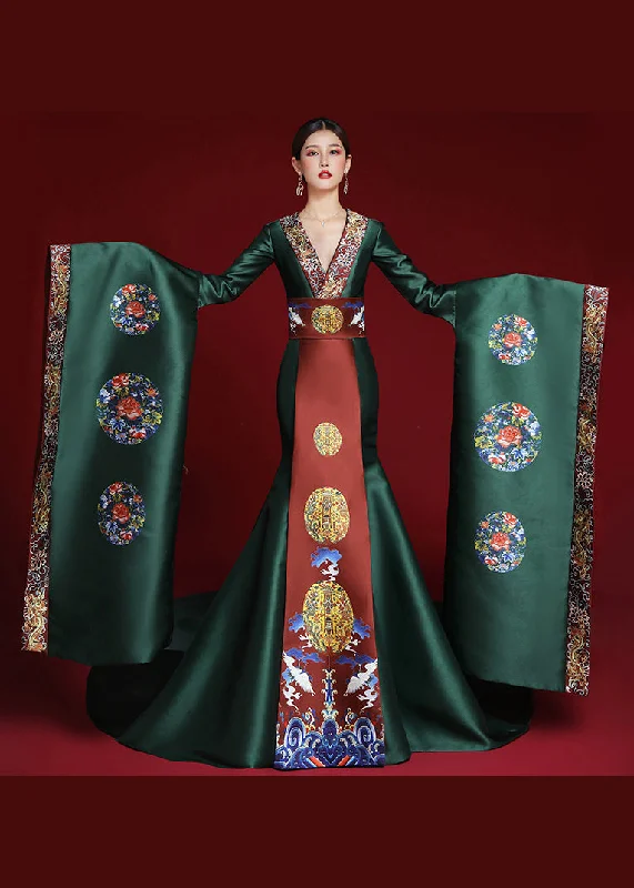 Elegant Style Chinese Style Green V Neck Embroidered Patchwork Dresses Long Sleeve