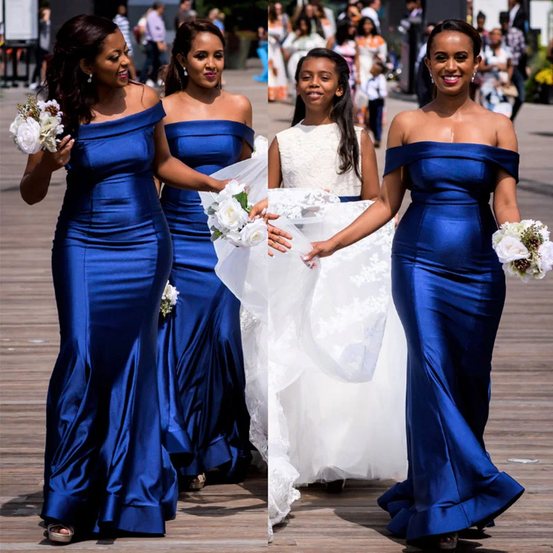 Special Offer Royal Blue Off-shoulder Satin Mermaid Long Bridesmaid Dress, BD3256