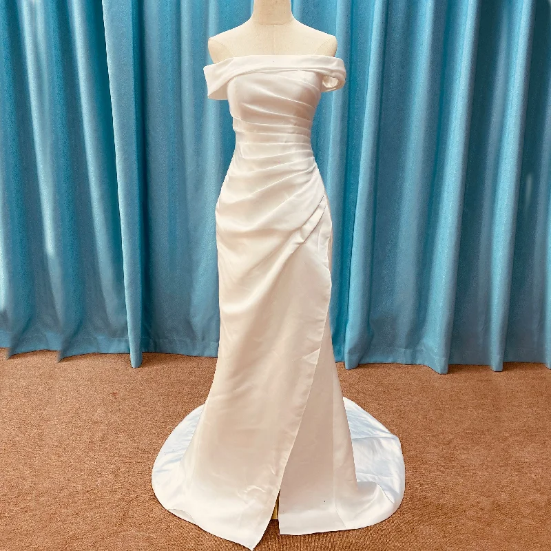 Exclusive Sale Simple Off Shoulder Ruched Satin Mermaid Wedding Dress with Leg Slit