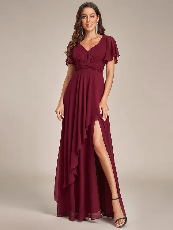 Discounts On Casual Weekend Styles Side Split V Neck Ruched Wholesale Chiffon Bridesmaid Dresses