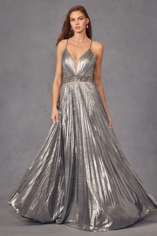 Exclusive Sale Pleated Metallic Long Sleeveless V-Neck Dress by Juliet 226