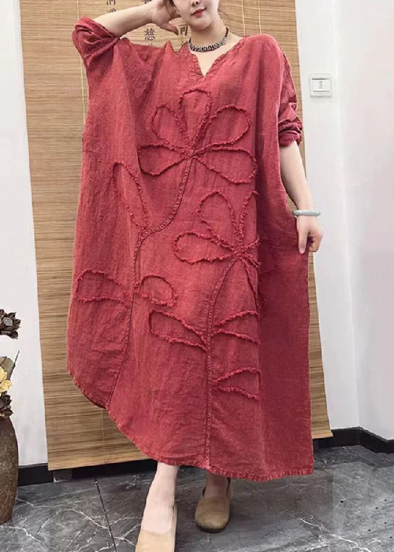 Elevate Your Wardrobe Plus Size Red V Neck Embroidery Patchwork Linen Dress Long Sleeve