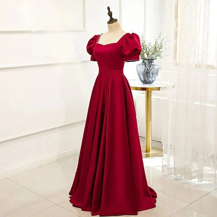 Holiday Sale Red Satin Prom Dress Red Dress Puff Sleeve Victorian Dress Y5151