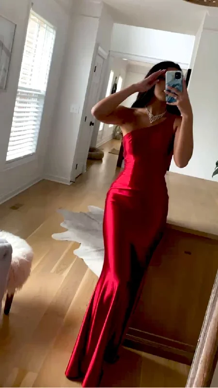 Grab Romantic Date - Night Styles Now One Shoulder Red Satin Long Prom Dress Glamorous Evening Dress Y431