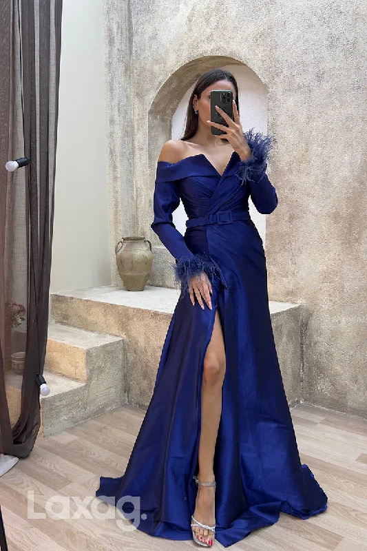 Flash Sale 22078 - Sexy V neck Off Shoulder Feathers Long Sleeves Formal Evening Dress with Slit