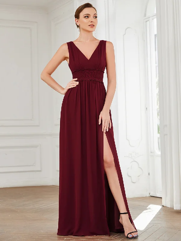 First Order Discount Sleeveless Deep V Neck Thigh High Split Wholesale Bridesmaid Dresses