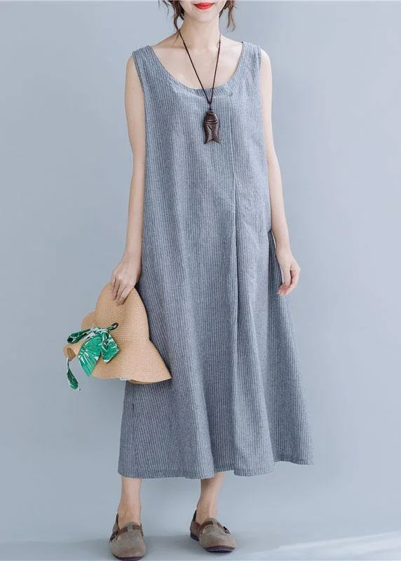 Chic Outfits Natural gray striped linen cotton quilting clothes o neck sleeveless Maxi summer Dress