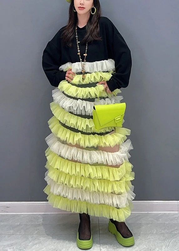 Day-To-Night Styles Beautiful Yellow O Neck Tulle Patchwork Fluffy Dresses Long Sleeve