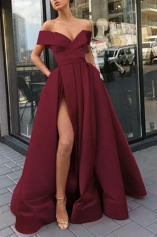 Seasonal Fashion Burgundy v neck satin off shoulder long prom dress burgundy evening dress Y840