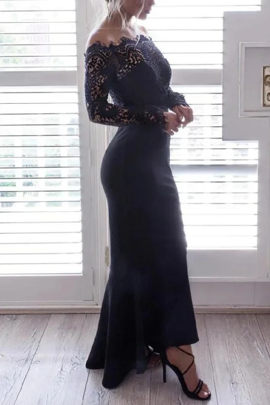 Spring Fling Sale Black Off Shoulder Lace Mermaid Long Sleeves Long Prom Gown    cg14390