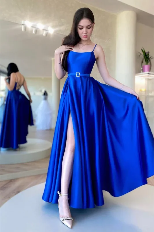 Beat The Heat In Tropical Styles Backless Royal Blue Satin Long Prom Dress with High Slit, Backless Blue Formal Graduation Evening Dress Y203