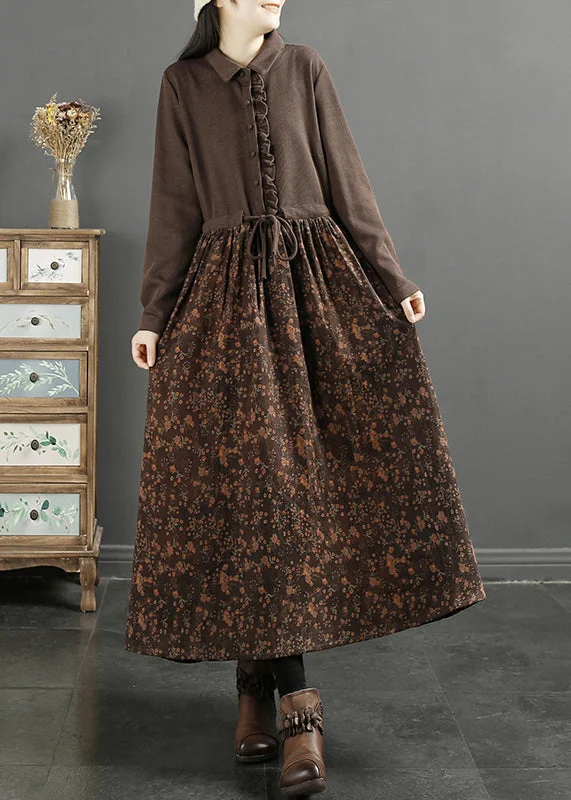 Style Upgrade Elegant Coffee Ruffled Print Knit Patchwork Long Dress Long Sleeve