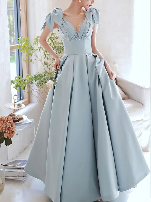 Limited - Stock Blue V Neck Satin Long Prom Dress, Blue Satin Evening Dresses Y4780