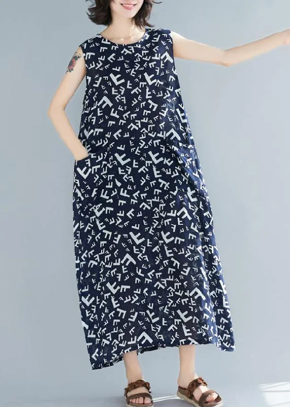 Limited Time Deal Style navy print cotton dresses o neck sleeveless A Line summer Dress