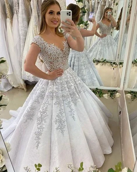 Fashion-Forward Outfits White Cap Sleeves Ball Gown, Charming Prom Dress With Lace         cg22905