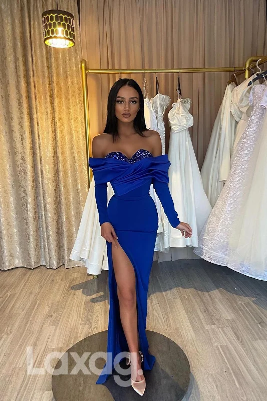 Latest Trends 21849 - Royal Blue Thigh Slit Long Sleeves Sequins Prom Evening Dress