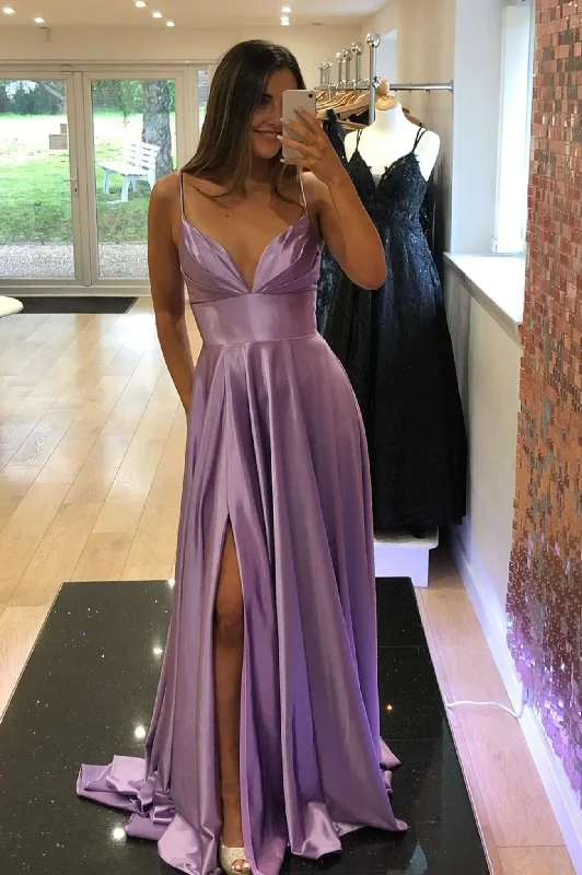 Fashion-Forward Purple V-Neck Satin Long Prom Dress, Simple A-Line Evening Dress Y927